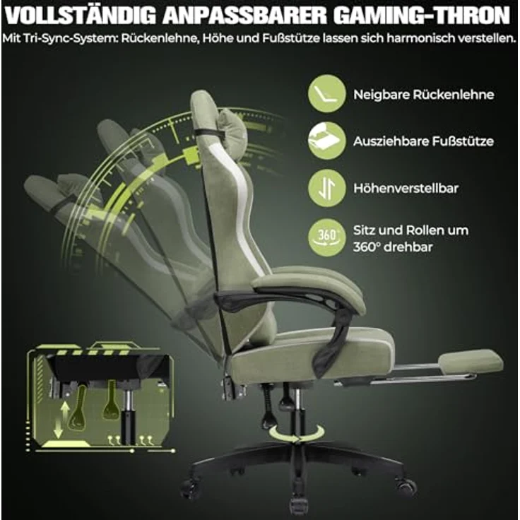 GTPLAYER Gaming Stuhl Ergonomischer, PC Stuhl Atmungsaktiver Stoff, Groß und Hoch Drehbarer Schreibtischstuhl mit Fußstütze,Verstellbare Lendenwirbelstütze und Kopfstütze,Grün – Bild 4
