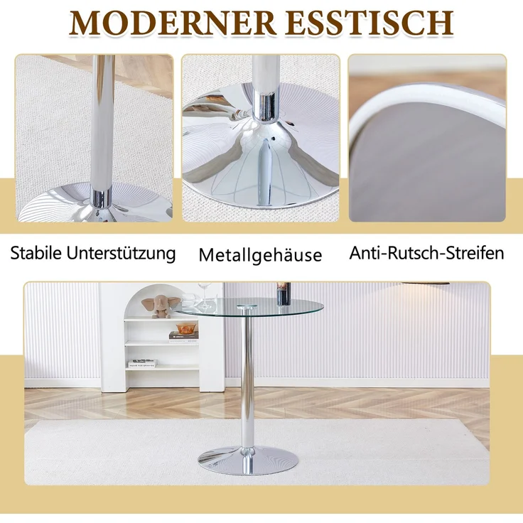 Flexibles Bar-Set: Runder Glastisch mit 89 cm Durchmesser + 2 Barhocker mit silbernen Beinen.• Transparente Optik • Vielseitig einsetzbar •Schafft visuelle Weite und spart Platz.--Silber, Transparent--72x41.5x33.5cm--YOUDENOVA – Bild 9
