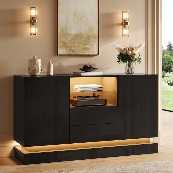 ZUBALIYA Sideboard 140x40x80 cm, mit LED-Beleuchtung, Hochglanz, mit 2 Türen, aus Spanplatte, Schwarz – Bild 10