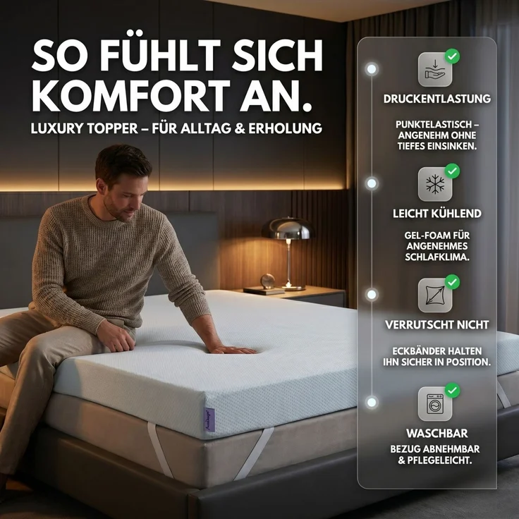 Arensberger Matratzen Topper LUXURY, 90x200cm, Gelschaum und Memory Gel Foam Matratzentopper, waschbar, geeignet für Federkern & Matratzen, Höhe 10cm – Bild 5