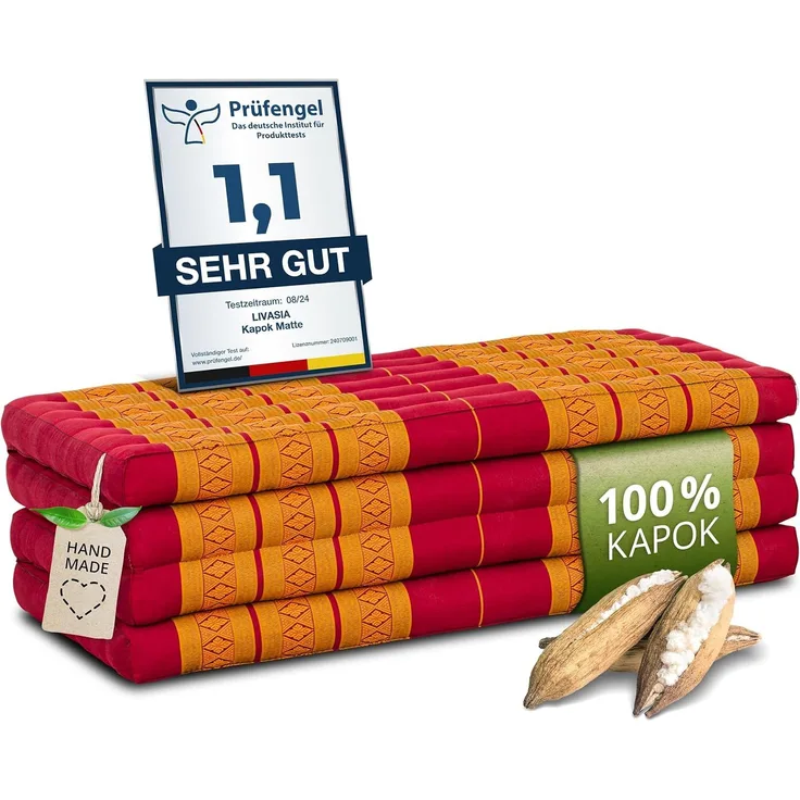 Nachhaltige Klappmatratze aus Kapok, breite Gästematratze vierteilig, Faltbare Matratze, ökologische Yogamatte, klappbares Gästebett, Liege für Garten und Balkon 200 x 110 x 8 cm (Rot/Gelb)
