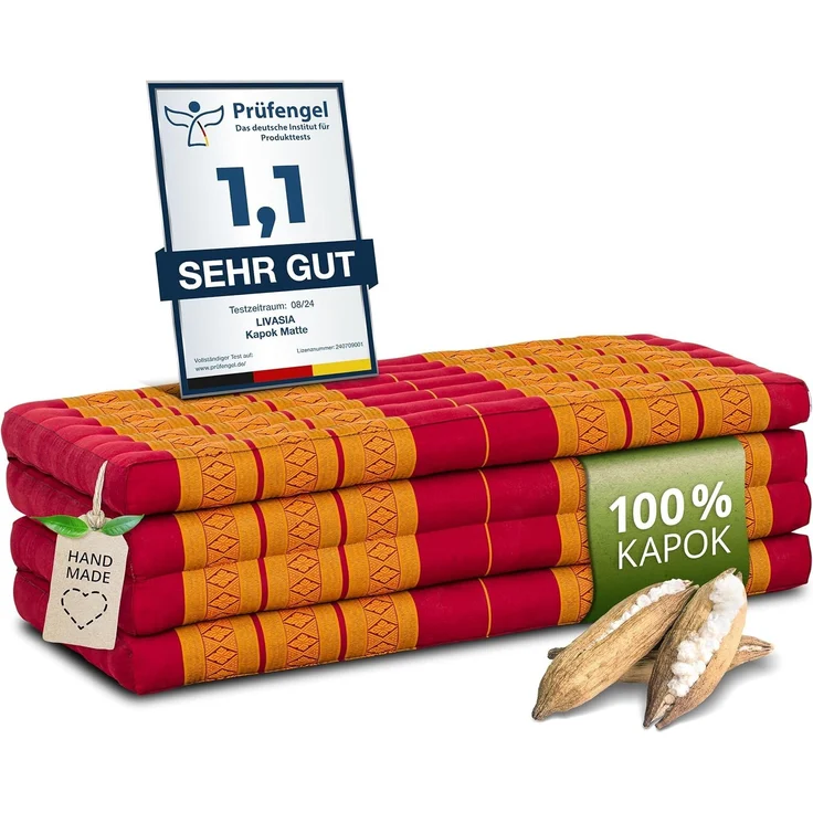 Nachhaltige Klappmatratze aus Kapok, breite Gästematratze vierteilig, Faltbare Matratze, ökologische Yogamatte, klappbares Gästebett, Liege für Garten und Balkon 200 x 110 x 8 cm (Rot/Gelb)