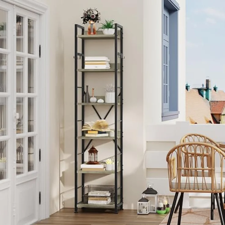 YITAHOME Bücherregal mit 6 Ebenen, Industrielles Standregal, Metallrahmen und Holzregale, Hohes Lagerregal mit 4 Haken, Präsentationsorganizer, für Wohnzimmer, Heimbüro, Grau Regal – Bild 7