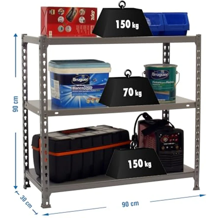 Simon Rack Schwerlastregal, 900 x 900 x 300 mm, Bis 70 kg Belastbar, 3 Verstellbare Ablagen, Kellerregal, Lagerregal, Grau - Ecoclick – Bild 3