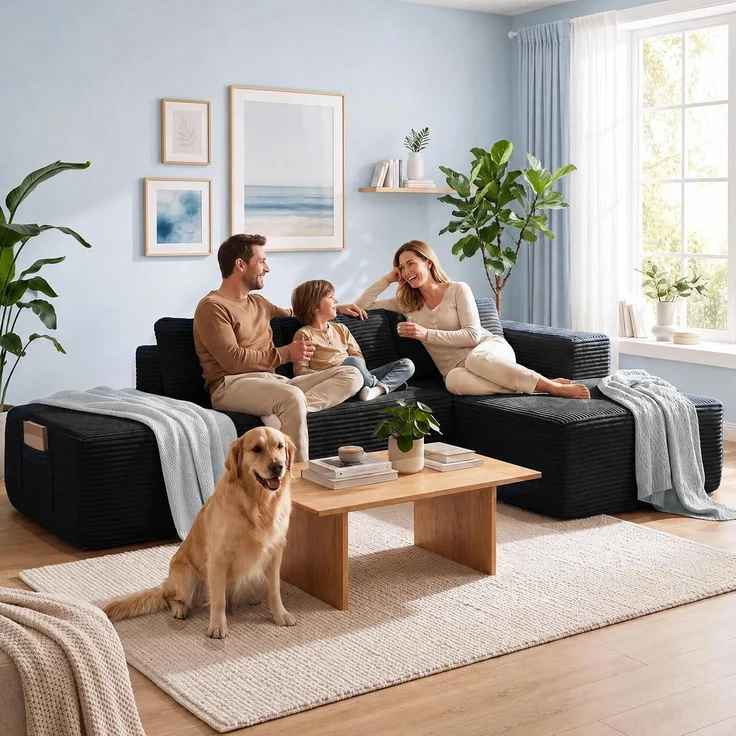 COMHOMA Ecksofa mit Schlaffunktion, 255cm Corduroy Modulares Boneless Couch mit Chaiselongue & Rücken-Metallgestell, L-Form Schlafsofa mit offenem Design, Kissen & Seitentaschen,für Wohnzimmer,Schwarz-L – Bild 4