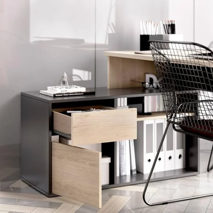 Dmora - Gardena-Schreibtisch, Schreibtisch mit Mehreren Positionen für das Büro oder Schlafzimmer, Mehrzweck-Ecktisch, 139 x 92 x 75 cm, Eiche und Anthrazit – Bild 6