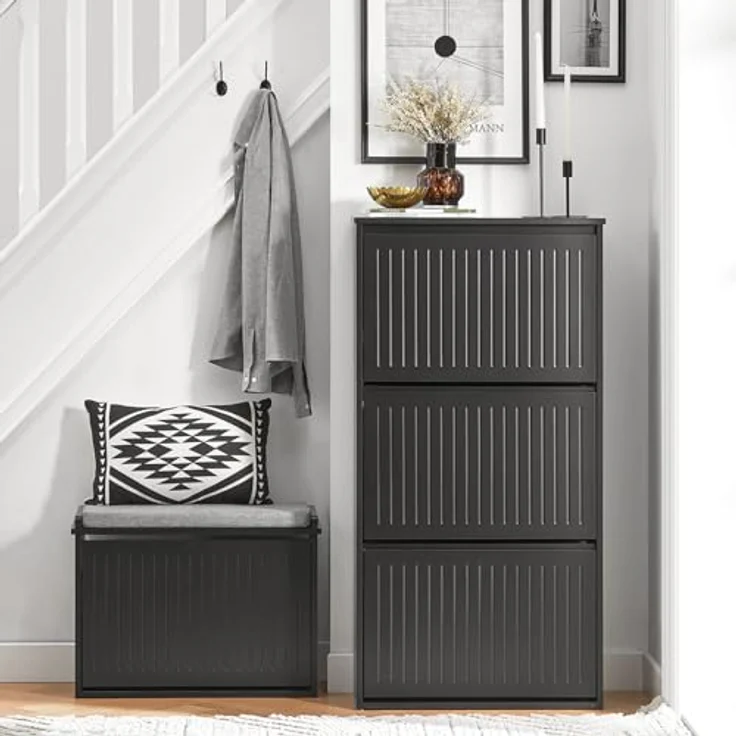 SoBuy Schuhschrank, Schwarz, Holzwerkstoff, 3 Klappfächer, verstellbare Böden, 61x120x26 cm – Bild 4