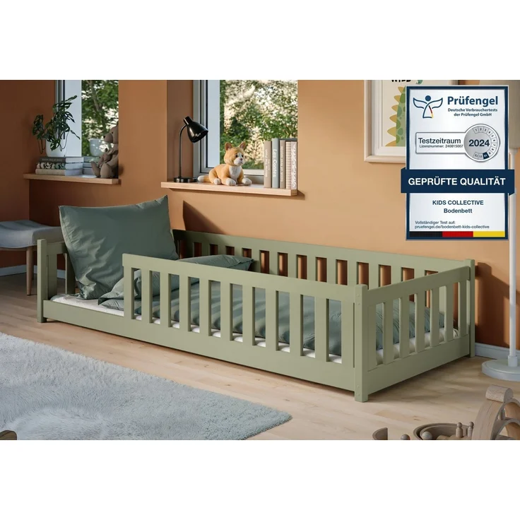 Kids Collective Kinderbett Bodenbett Bett mit Rausfallschutz & Lattenrost Montessori Bett Kinder (Jungen, Mädchen, Kinder, weitere Größen 80x160, 80x180, 90x190, 120x200, 140x200 cm), Jugendbett Einzelbett optional mit Matratze Olivgrün Kiefer 90x200 cm – Bild 1
