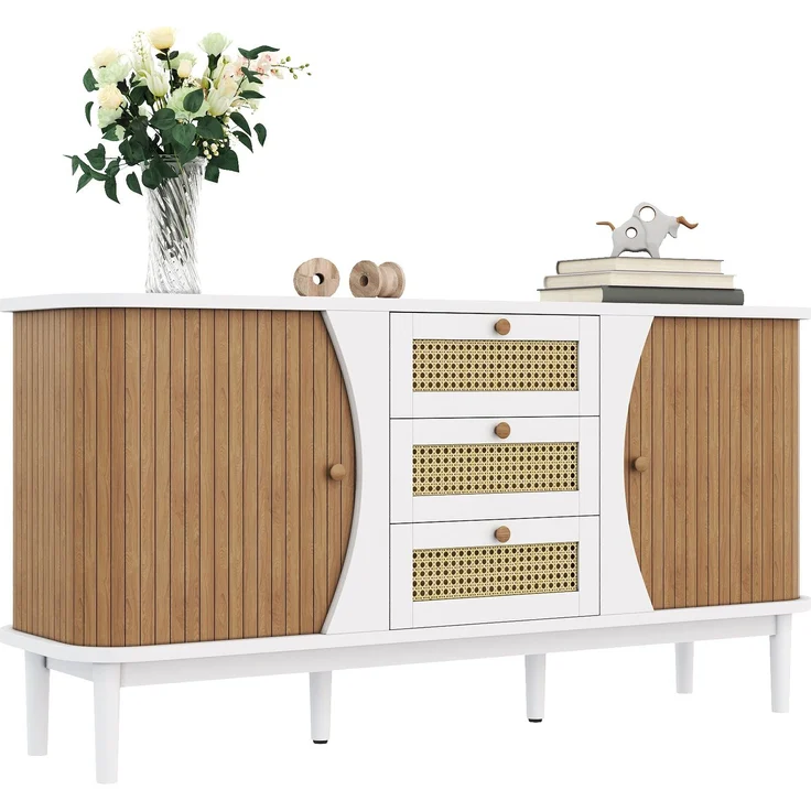 Merax Sideboard, Rattankommode, Kommode mit Schiebetüren, verstellbaren Einlegeböden, gewölbter Platte – Bild 10