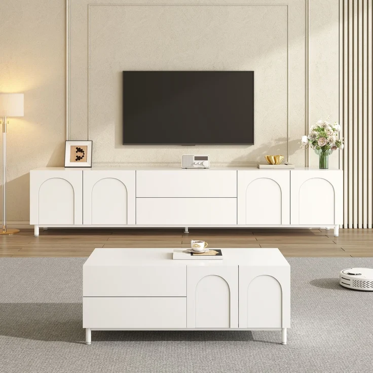 Wohnzimmer Set aus TV-Schrank + Couchtisch, Möbelset mit bogenförmigen Türen, Korpus aus Spanplatte+MDF, Möbel mit Stahlrohrfüßen, Stauraum Kombination für Wohnzimmer – Bild 1