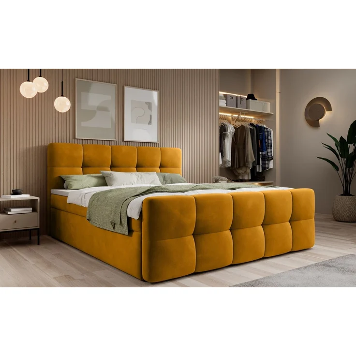 thematys Boxbett mit Bettkasten 160x200cm, mit Bonnellfederkernmatratze H3, Bouclé/Velours, mit Stauraum, mit 3 cm Topper, Senfgelb (Velluto 08), Art.-Nr. S04GH0RGXYR – Bild 3