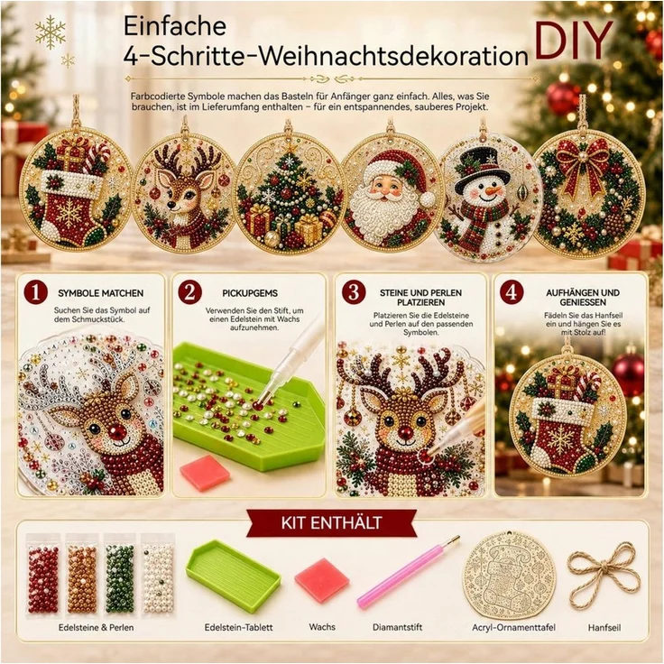 Bomiclss Christbaumschmuck 6-teiliges Weihnachtsbaumschmuck-Set–DIY Perlen-Diamantmalerei (6-tlg), Bastelsets für Erwachsene Perlen-Bastelsets – Bild 4