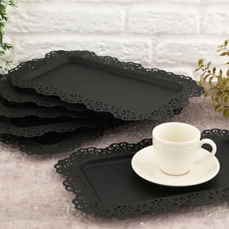 Jungengel Tablett 6x Set Serviertablett Servierplatte Schwarz Matt Teetablett, Metall, (6-tlg), Spitzenverzierter Serviertablett-Satz, Metall, Vintage Design – Bild 4