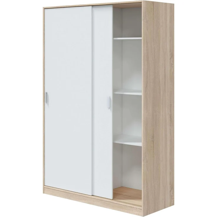 Kleiderschrank mit Zwei Schiebetüren und DREI Einlegeböden, Eichenfarbe und Mattweiß, Maße 120 x 200 x 50 cm – Bild 5