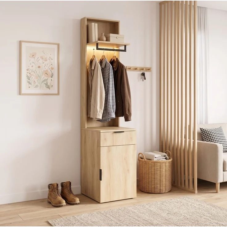 Garderobenschrank aus MDF mit LED-Kleiderstange & Schmuckschublade, 45x47x200 cm, Eiche – Bild 1