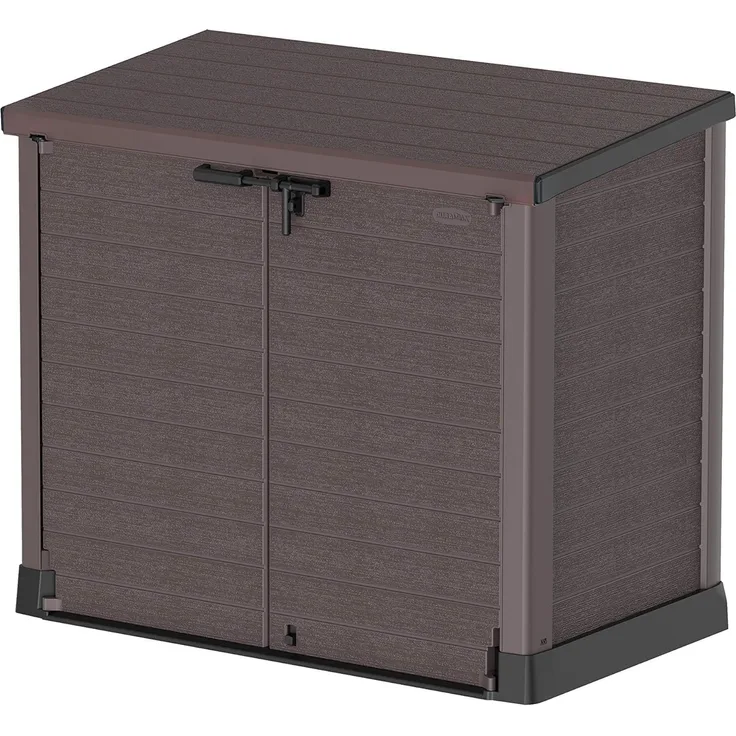 Duramax Cedargrain StoreAway 1200L Gartenhaus aus Kunststoff / flacher Deckel, Mülltonnenbox, Gartenhaus, solide Konstruktion, ideal für Werkzeuge, BBQs und 2x240L Mülltonnen, 145 x 85 x 125 cm, Braun
