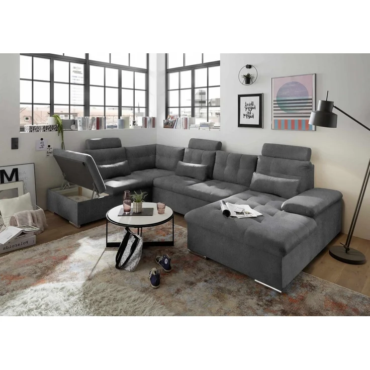 Couchlandschaft mit Schlaffunktion und Bettkasten, Anthrazit - Medan XXL – Bild 3