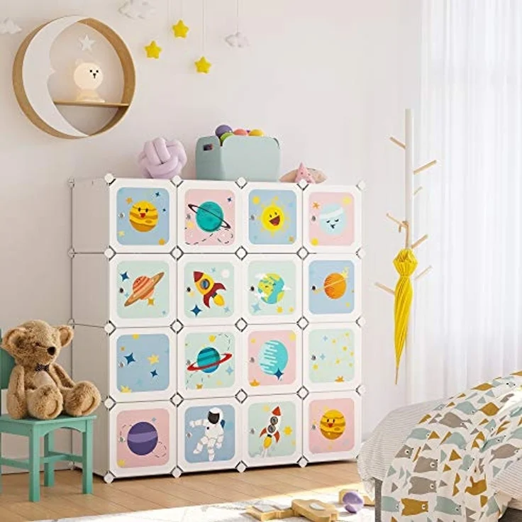 Kleiderschrank, DIY-Aufbewahrungsschrank, für hängende Kleidung, Aufbewahrung, für Kinder, mit 16 Würfeln, 4 Hängestangen, 123 x 41 x 123 cm, weiß LPC905W01 – Bild 6