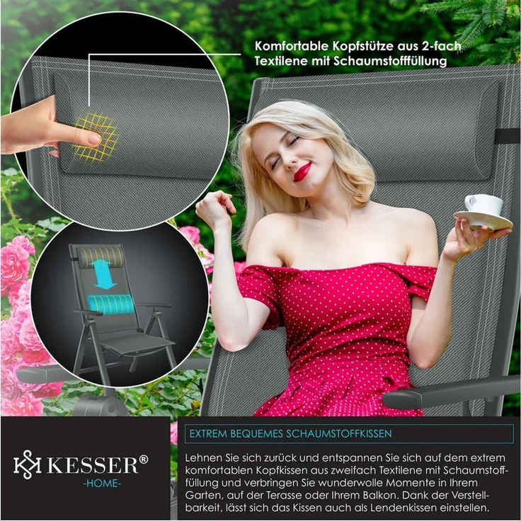 KESSER® Gartenstuhl Hochlehner mit Armlehnen | Aluminium Klappstuhl inkl. Kopfkissen Campingstuhl 7-Fach Verstellbar Rückenlehne | Atmungsaktiv & Wetterfest | Klappbar & Anti-Rutsch Anthrazit, 6 Stück – Bild 4