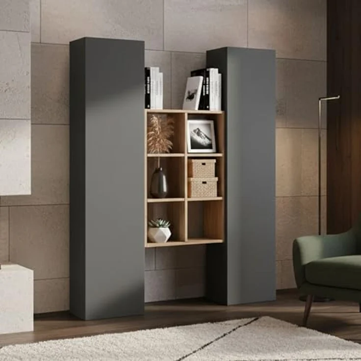 Dmora - Kommode Franco, Wohnzimmer-Set mit 2 Türen und Regalen, Wohnzimmer-Buffet, Küchen-Sideboard, 100% Made in Italy, 140 x 30 x 180 cm, Anthrazit und Ahorn – Bild 2