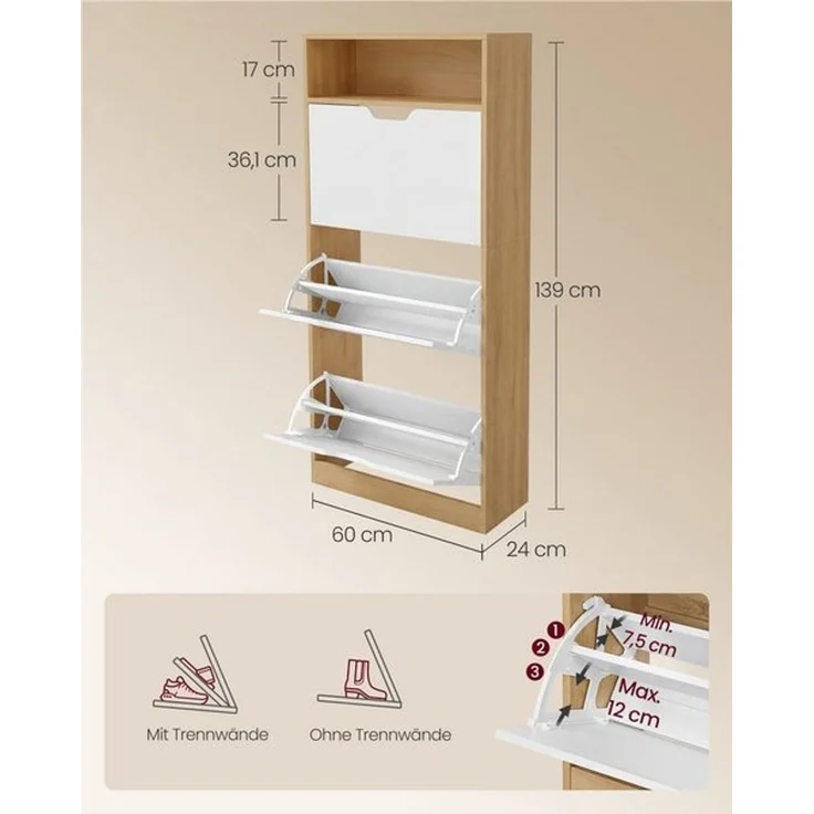 VASAGLE Schuhregal 3 Klappen, mit verstellbarer Trennwand, Schuhaufbewahrung, offenes Fach, 24 x 60 x 139 cm, eichenfarben-weiß – Bild 3