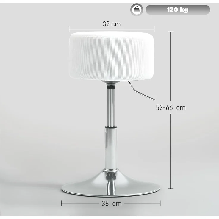 HOMCOM Barhocker mit Metallgestell, Cordoptik, Fußstütze (höhenverstellbar Küchenstuhl, 1 St, gepolstert 360° drehbar Barstuhl), für Küche, Wohnzimmer, Esszimmer Weiß – Bild 3