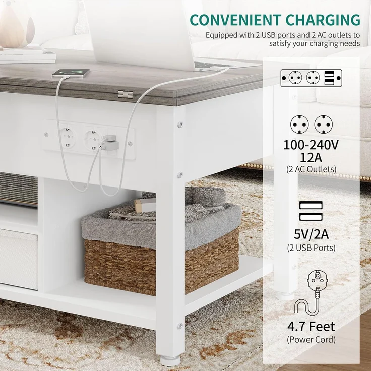 YITAHOME Couchtisch mit Höhenverstellbarer, 4-in-1-Multifunktions-Couchtisch mit Stauraum und LED Beleuchtung, Couchtisch lässt Sich in einen Esstisch für das Wohnzimmer umwandeln, Weiß&Grau – Bild 5