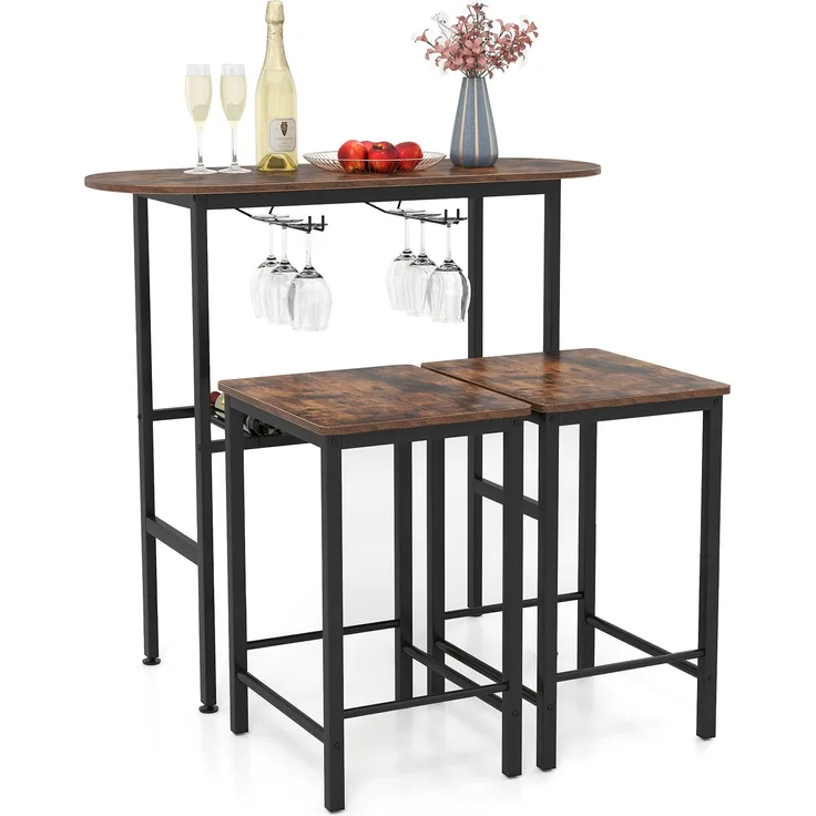 Bartisch mit Barhocker Set 2 Personen Bartisch Set mit Halterungen für Weingläser und Flaschen Vintage