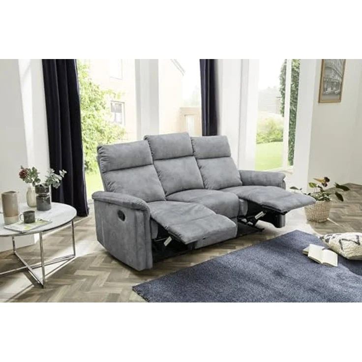 3-Sitzer-Relaxsofa Couch Liegefunktion Federkernpolsterung Velours Vintage Grau – Bild 4