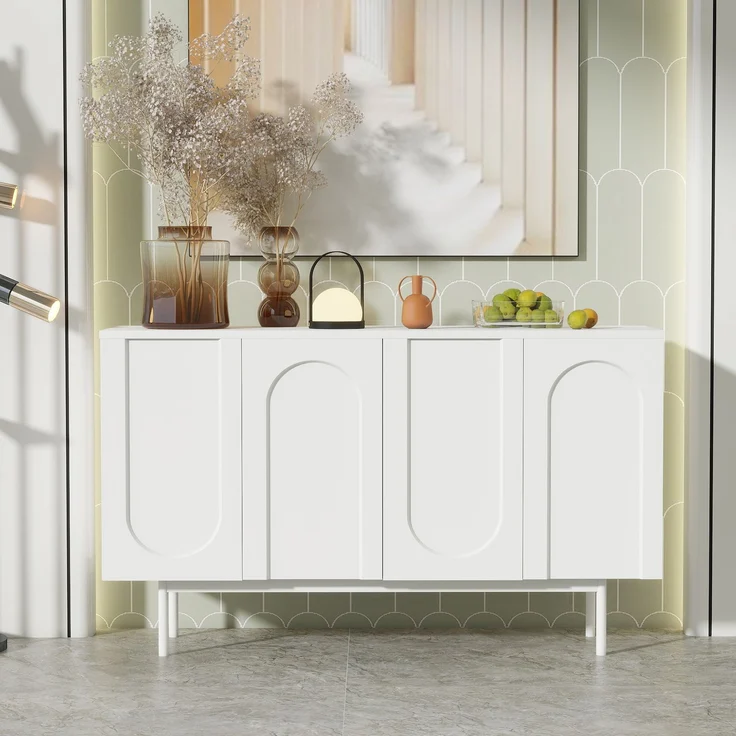 Sideboard Weiß mit gewölbten Türen, Stauraum & verstellbaren Regalen, modernes Anrichte-Design für Wohnzimmer/Esszimmer/Flur – Bild 3