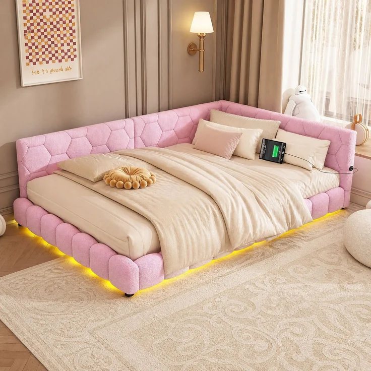 CHICFURN Bett aus Vliesimitat Rosa 140x200 cm mit LED-Beleuchtung und USB- und Type-C-Anschlüssen – Bild 1