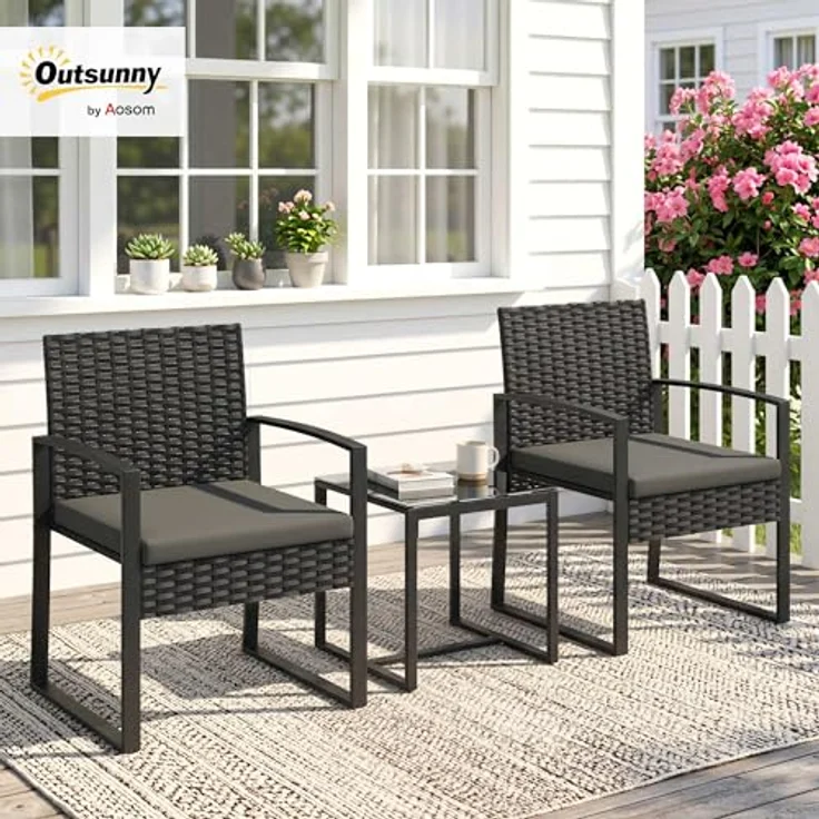 Outsunny Sitzgruppe mit 2 Gartenstühlen, Couchtisch, abnehmbar Kissen, (Gartenmöbel-Set, 3-tlg, Bistroset), für Garten, Terrasse, Dunkelgrau – Bild 2