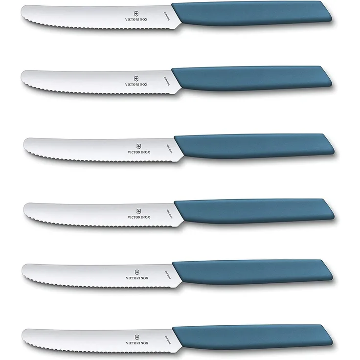 Victorinox 6 Stück Tafelmesser - Tomatenmesser Swiss Modern mit Wellenschliff rostfrei - Swiss Made - Cornflower Blue/Blau