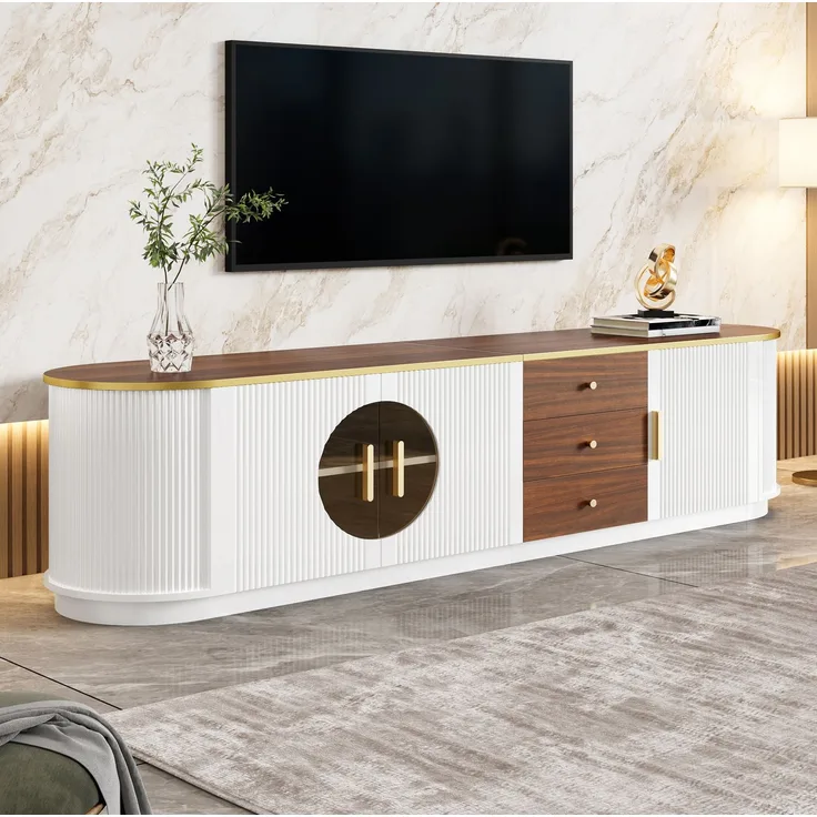 TV-Schrank 180 x 40 x 46 cm mit 3 Schubladen, 3 Türen, braunem Glas und MDF in Weiß