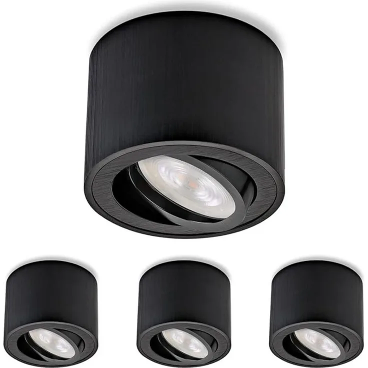 Sweet LED LED Aufbaustrahler 4er Set flache LED Aufbauspots schwarz - rund & schwenkbar, 5 W, 230V, LED wechselbar, Warmweiß, LED Deckenlampe, Deckenspot, Deckenstrahler
