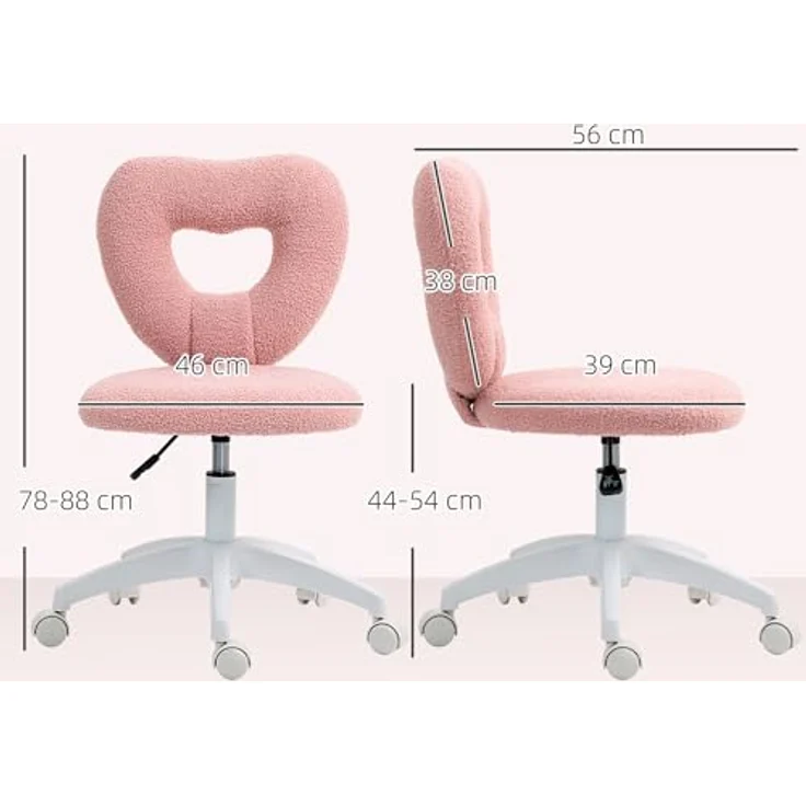 HOMCOM Schreibtischstuhl, Rosa, Drehstuhl mit herzförmiger Rückenlehne und Teddy-Fleece, höhenverstellbar, 45x88x56 cm – Bild 3