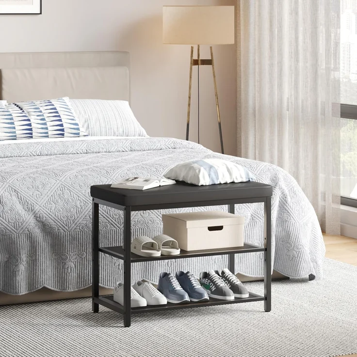 Mondeer Schuhbank mit Gepolsterter Sitzfläche, Schuhregal mit 2 Gitterablagen Höhenverstellbar Platzsparend Industriestil, für Eingang Flur Schlafzimmer, 60 x 30 x 50 cm, Schwarz – Bild 7