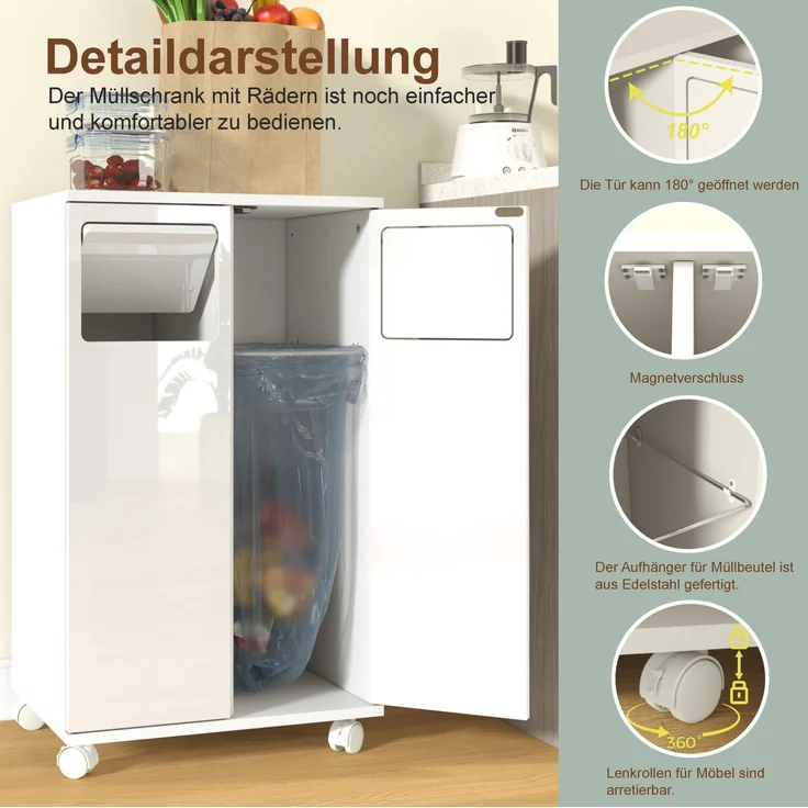Mülltrennschrank 46,7 x 35 x 80,3 cm in Hochglanz-Weiß mit 2 Fächern und feststellbaren Rollen – Bild 9