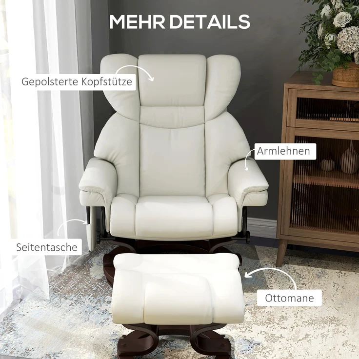 HOMCOM Relaxsessel mit Fußhocker, Kunstleder, Stahl, Cremeweiß, 79B x 82T x 101H cm – Bild 7