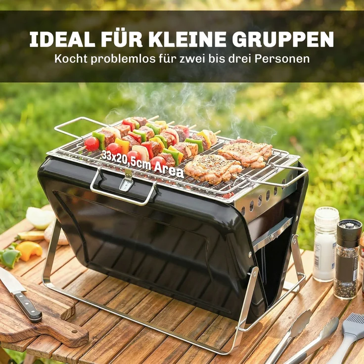 JARDJ Holzkohlegrill aus Edelstahl BBQ Smoker mit Grillrost Griff klappbaren Beinen für Barbeque Camping 40x28x25,5cm Schwarz – Bild 8