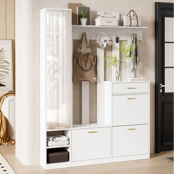 CHICFURN Schrank 133x180x23,5 cm als Garderoben-Set mit 3 Schuhkippern und Spiegel Weiß – Bild 2