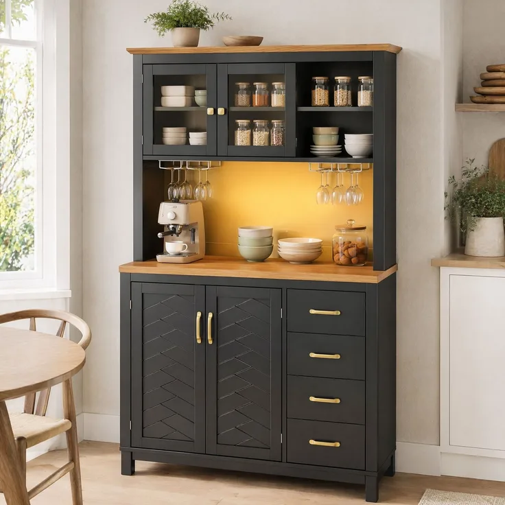 Buffetschrank aus MDF mit LED-Lichtleiste, 105,5x40x180 cm, Schwarz