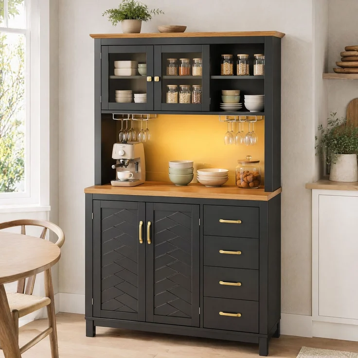 Buffetschrank aus MDF mit LED-Lichtleiste, 105,5x40x180 cm, Schwarz – Bild 1