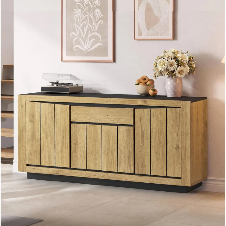 Sideboard 140 x 40 x 60 cm mit 4 Türen und Schublade – MDF in Holzoptik und Schwarz – Bild 3