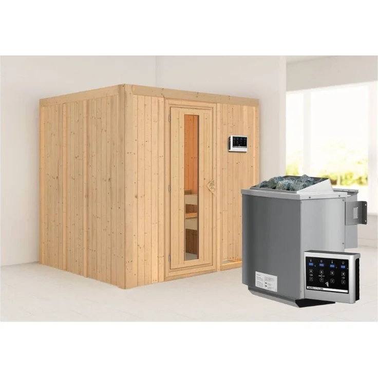 Karibu Sauna Sodin + 9kW BIO-Kombiofen mit ext. Steuerung Easy Klarglas Ganzglastür – Bild 2