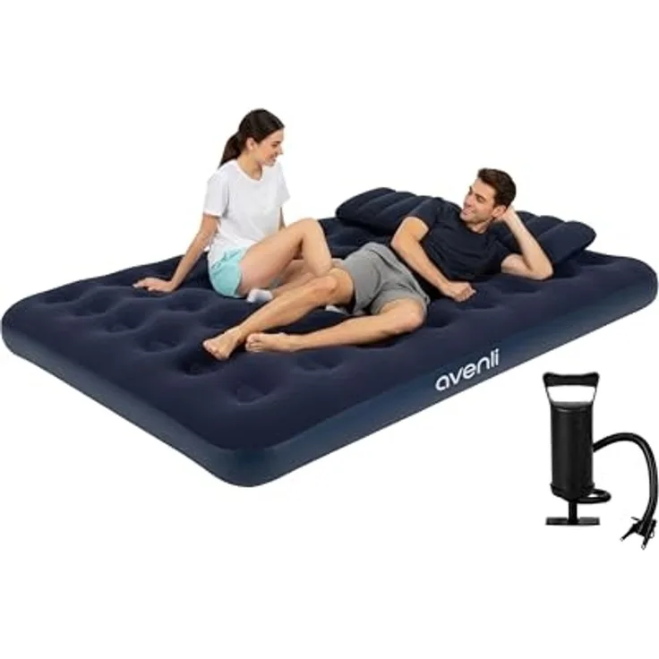 Avenli Luftmatratze Luftbett Camping für 2 Personen mit Pumpe & 2 Kissen 203 x 152 x 22 cm, (aufblasbar Ideal als Reisebett oder Isomatte, Set mit Luftpumpe und Kissen), Indoor und Outdoor mit beflockter Oberfläche