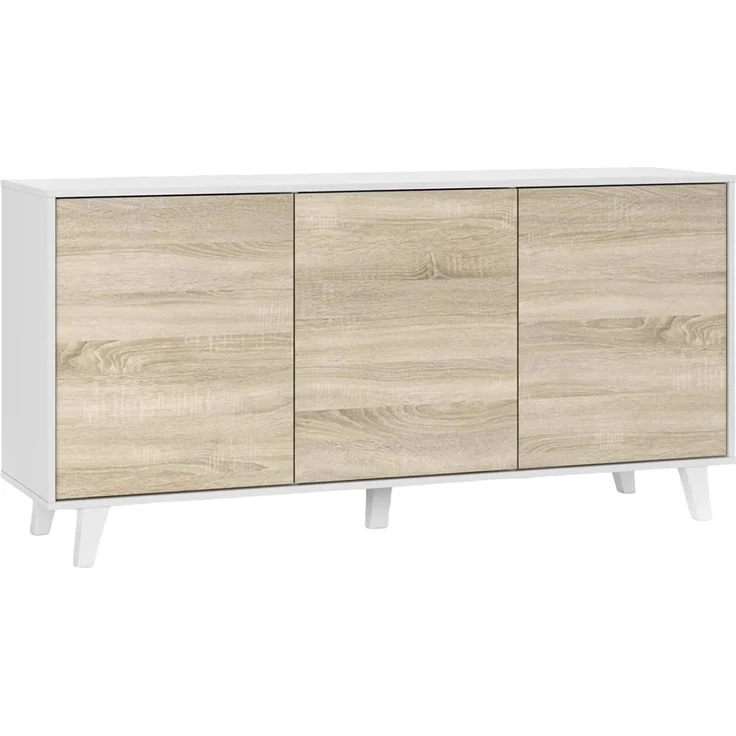 Dmora - Anrichte Arvada, Modernes Sideboard mit 3 Türen und Einlegeböden, Küchenbuffet, Wohnzimmer-Design-Buffet, 154x40h75 cm, Weiß und Eiche – Bild 3
