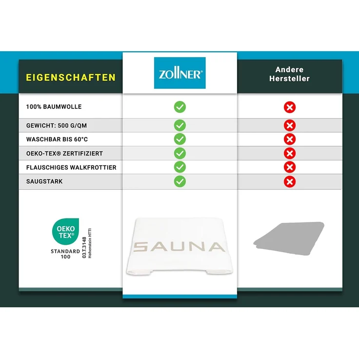 ZOLLNER Saunatuch aus Baumwolle, 100% Baumwolle, 80x200 cm, weiß – Bild 6
