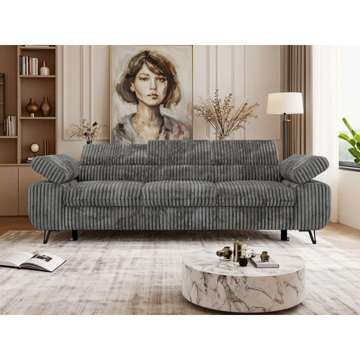 Polstersofa PETER, Sofa 3-Sitzer mit Schlaffunktion, verstellbaren Armlehnen und Kopfstütze, Gepolsterte Couch, Wellenfeder - Dunkelgrau Cord – Bild 4