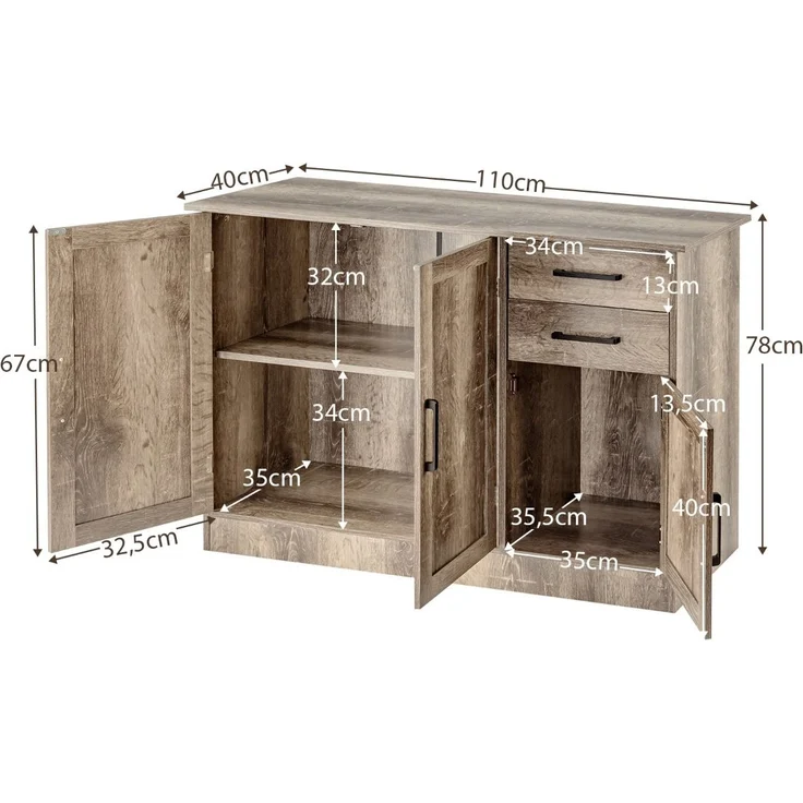 Freistehender Buffetschrank mit 2 Schubladen 3 Türen und 1 verstellbarem Regal Grau – Bild 1